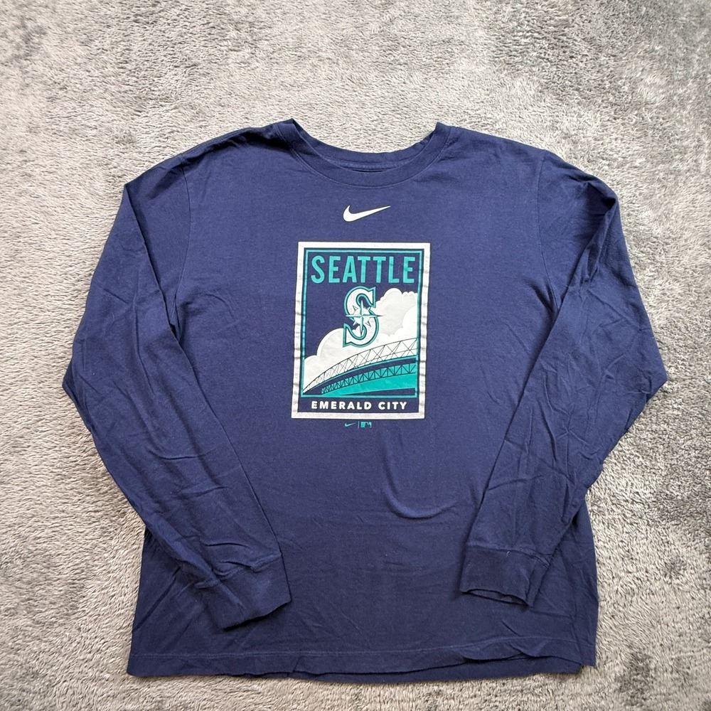 Seattle Mariners Nike Tee Shirt Long Sleeve Emerald City Center Swoosh Blue Crew